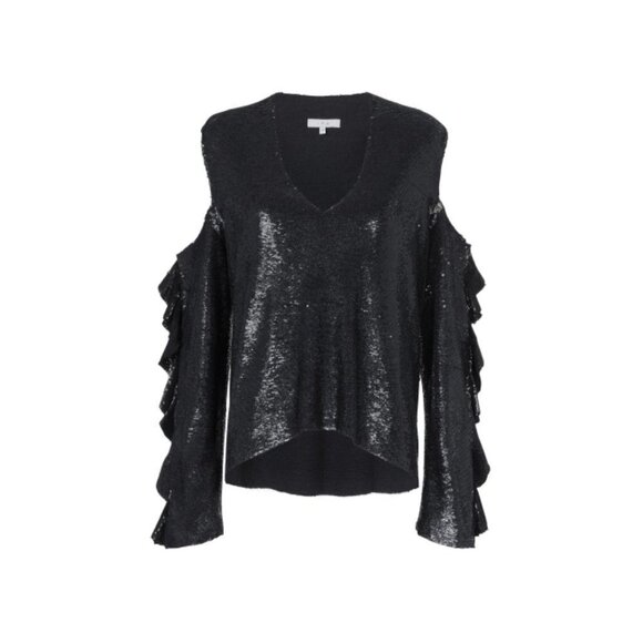 EUC IRO black & silver double faced sequin cold shoulder ruffle sleeve top - Picture 9 of 16